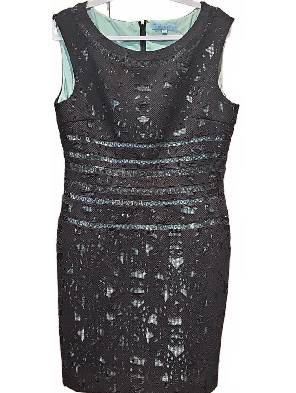 Antonio Melani Black Lace Overlay Over Seafoam Green Cocktail Dress Size 14